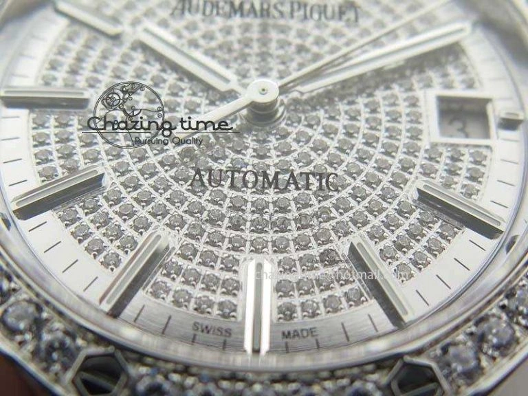 Sustainable Royal Oak 37mm 15452 SS Full Paved Diamonds JF 1:1 Best Edition Diamonds Dial On Leather Strap A 5032