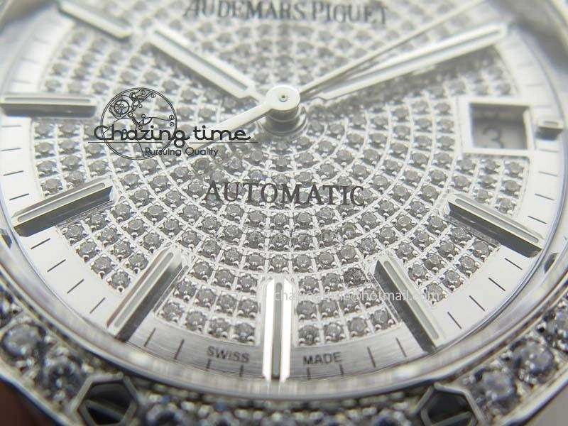 Sustainable Royal Oak 37mm 15452 SS Full Paved Diamonds JF 1:1 Best Edition Diamonds Dial On Leather Strap A 5032