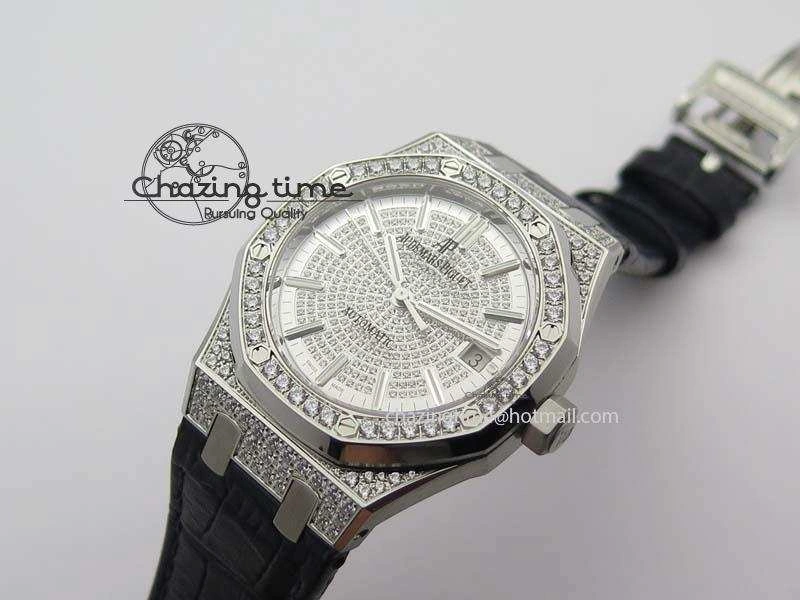 Sustainable Royal Oak 37mm 15452 SS Full Paved Diamonds JF 1:1 Best Edition Diamonds Dial On Leather Strap A 5032