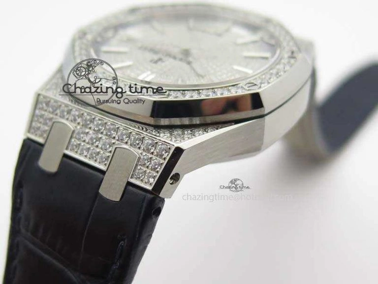 Sustainable Royal Oak 37mm 15452 SS Full Paved Diamonds JF 1:1 Best Edition Diamonds Dial On Leather Strap A 5032