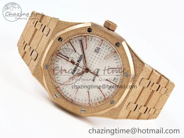 Chic Royal Oak 41mm 15400 Frosted RG IPF 1:1 Best Edition White Textured Dial on RG Bracelet SA3120 Super Clone 4467