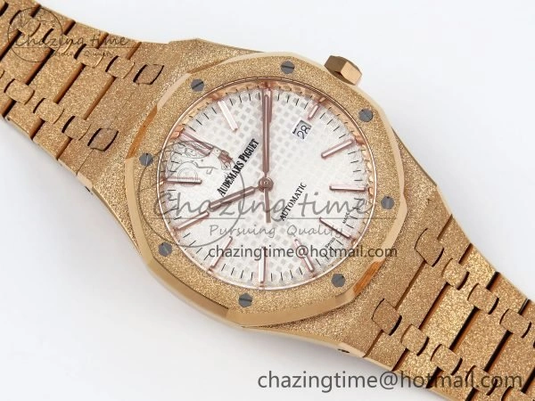 Chic Royal Oak 41mm 15400 Frosted RG IPF 1:1 Best Edition White Textured Dial on RG Bracelet SA3120 Super Clone 4467