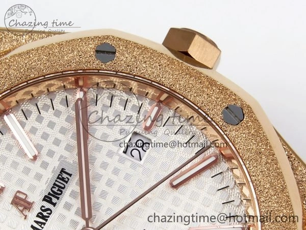 Chic Royal Oak 41mm 15400 Frosted RG IPF 1:1 Best Edition White Textured Dial on RG Bracelet SA3120 Super Clone 4467