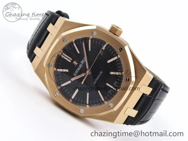 Packable Royal Oak 41mm 15400 RG APSF 1:1 Best Edition Black Textured Dial on Black Leather Strap SA3120 Super Clone V 4585