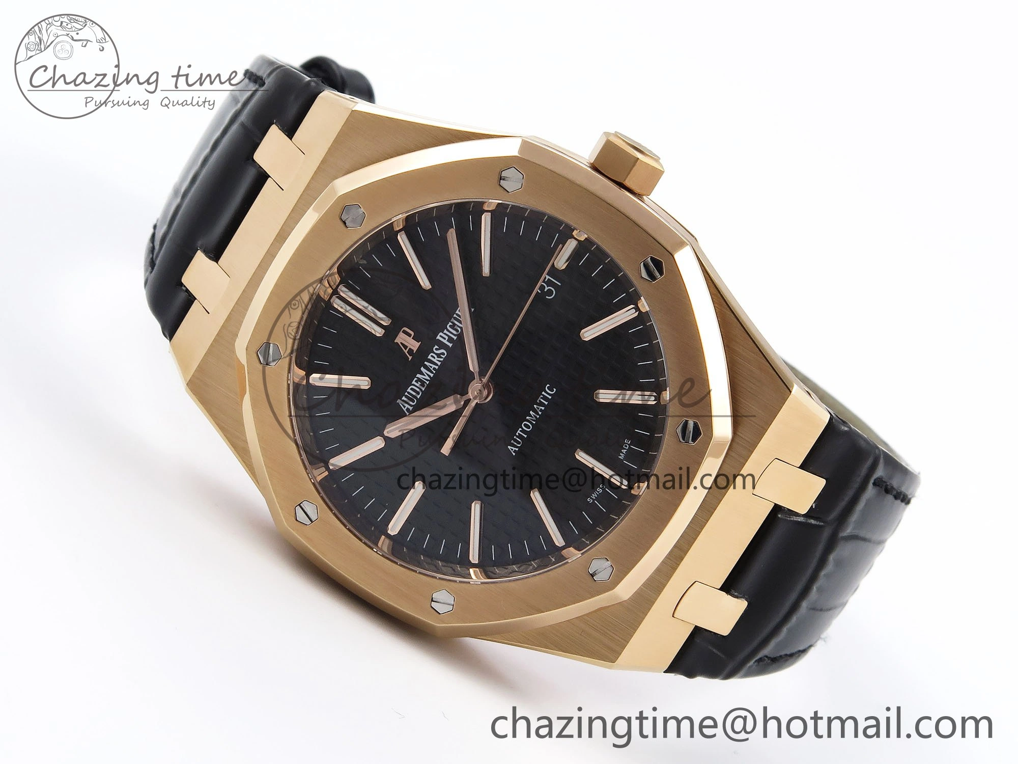 Packable Royal Oak 41mm 15400 RG APSF 1:1 Best Edition Black Textured Dial on Black Leather Strap SA3120 Super Clone V 4585