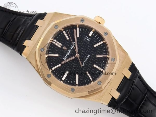Packable Royal Oak 41mm 15400 RG APSF 1:1 Best Edition Black Textured Dial on Black Leather Strap SA3120 Super Clone V 4585