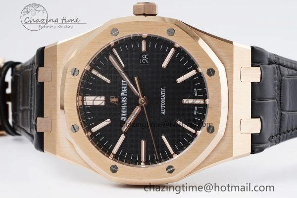 Royal Oak 41mm 15400 RG IPF 1:1 Best Edition Black Textured Dial on Black Leather Strap SA3120 Super Clone FashionForward 4683