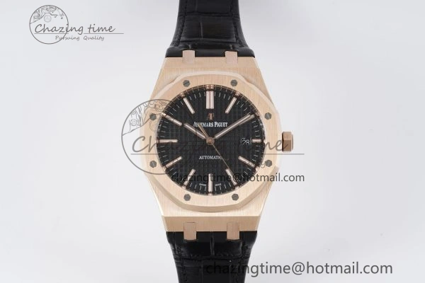 Royal Oak 41mm 15400 RG IPF 1:1 Best Edition Black Textured Dial on Black Leather Strap SA3120 Super Clone FashionForward 4683