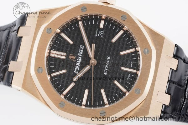 Royal Oak 41mm 15400 RG IPF 1:1 Best Edition Black Textured Dial on Black Leather Strap SA3120 Super Clone FashionForward 4683