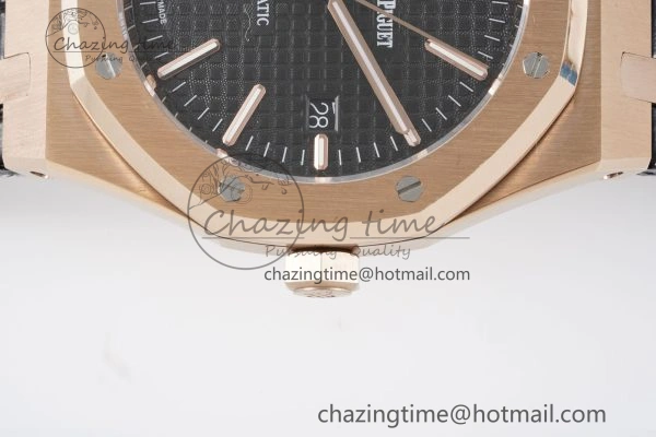Royal Oak 41mm 15400 RG IPF 1:1 Best Edition Black Textured Dial on Black Leather Strap SA3120 Super Clone FashionForward 4683
