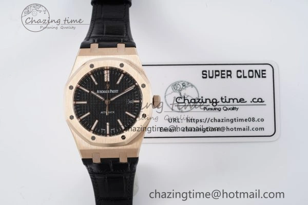 Royal Oak 41mm 15400 RG IPF 1:1 Best Edition Black Textured Dial on Black Leather Strap SA3120 Super Clone FashionForward 4683