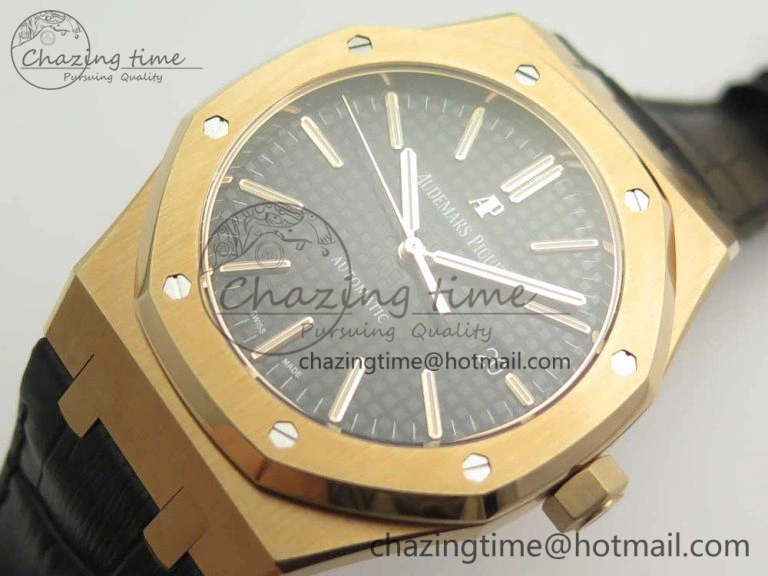 OdorResistant Royal Oak 41mm 15400 RG JF 1:1 Best Edition Black Textured Dial on Black Leather Strap A3120 V 4876