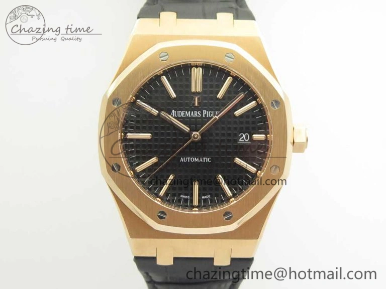 OdorResistant Royal Oak 41mm 15400 RG JF 1:1 Best Edition Black Textured Dial on Black Leather Strap A3120 V 4876