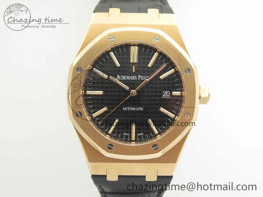 OdorResistant Royal Oak 41mm 15400 RG JF 1:1 Best Edition Black Textured Dial on Black Leather Strap A3120 V 4876
