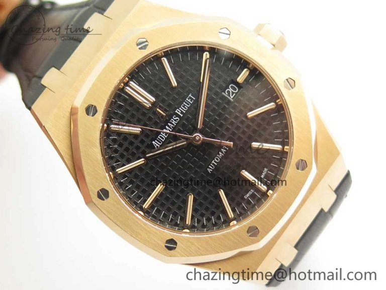 OdorResistant Royal Oak 41mm 15400 RG JF 1:1 Best Edition Black Textured Dial on Black Leather Strap A3120 V 4876