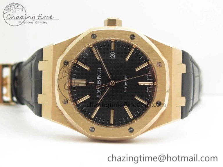 OdorResistant Royal Oak 41mm 15400 RG JF 1:1 Best Edition Black Textured Dial on Black Leather Strap A3120 V 4876
