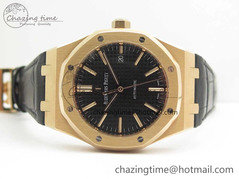 OdorResistant Royal Oak 41mm 15400 RG JF 1:1 Best Edition Black Textured Dial on Black Leather Strap A3120 V 4876