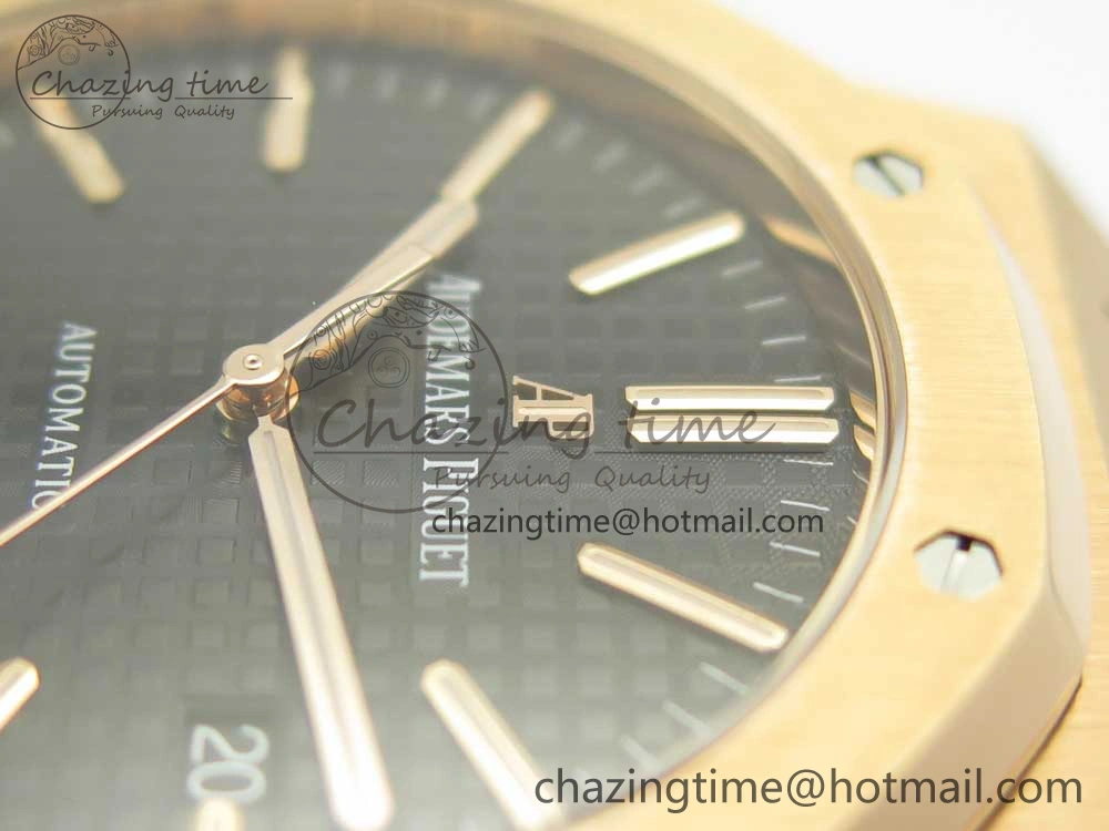OdorResistant Royal Oak 41mm 15400 RG JF 1:1 Best Edition Black Textured Dial on Black Leather Strap A3120 V 4876