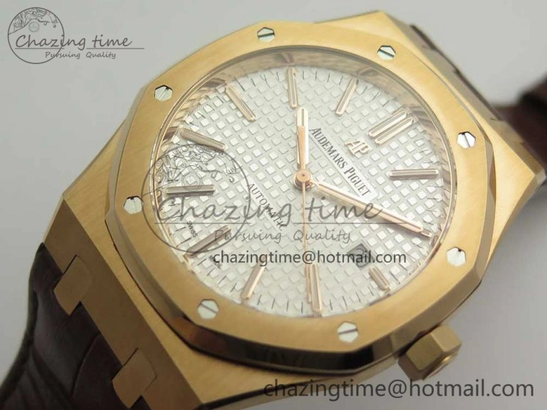 Royal Oak 41mm 15400 RG JF 1:1 Best Edition White Textured Dial on Brown Leather Strap A3120 V HighPerformance 4878