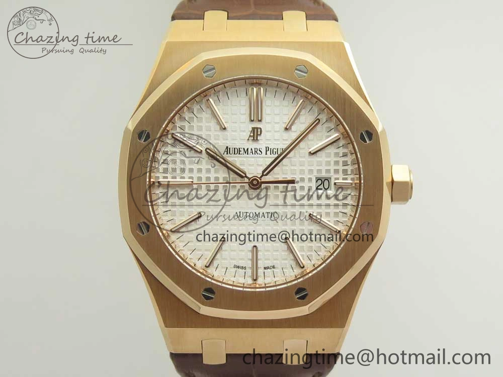 Royal Oak 41mm 15400 RG JF 1:1 Best Edition White Textured Dial on Brown Leather Strap A3120 V HighPerformance 4878