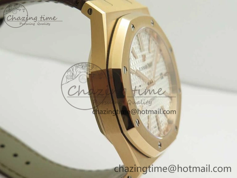 Royal Oak 41mm 15400 RG JF 1:1 Best Edition White Textured Dial on Brown Leather Strap A3120 V HighPerformance 4878
