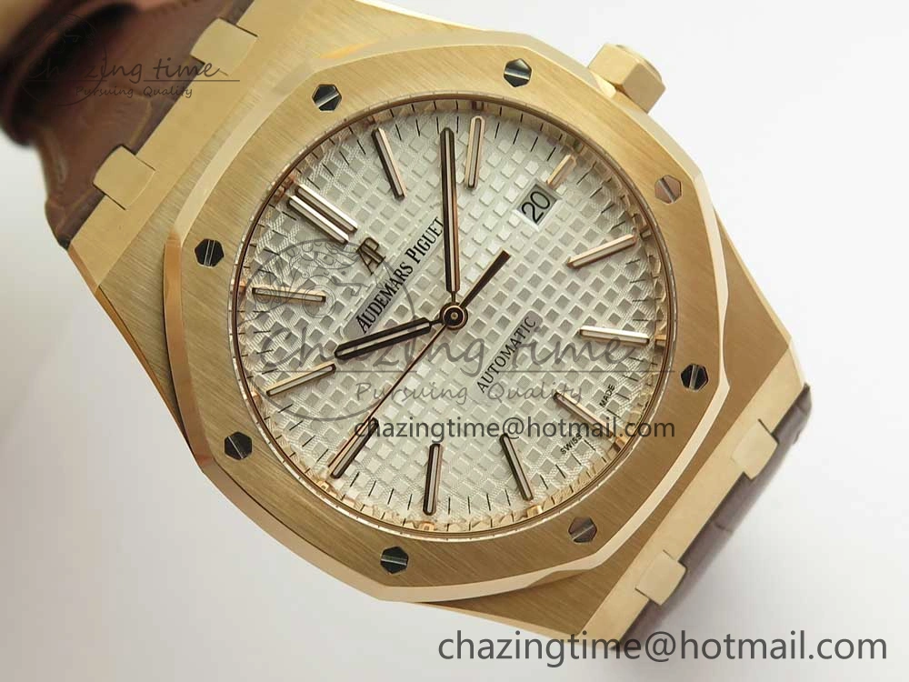 Royal Oak 41mm 15400 RG JF 1:1 Best Edition White Textured Dial on Brown Leather Strap A3120 V HighPerformance 4878