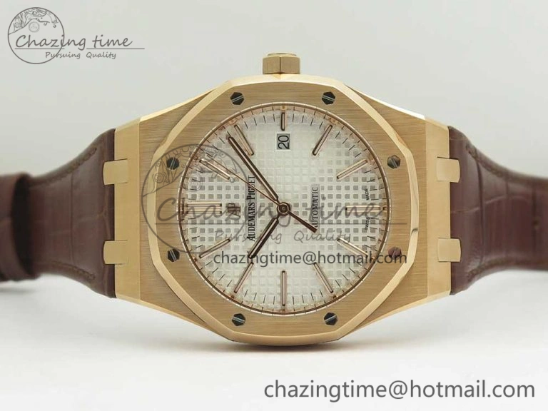 Royal Oak 41mm 15400 RG JF 1:1 Best Edition White Textured Dial on Brown Leather Strap A3120 V HighPerformance 4878