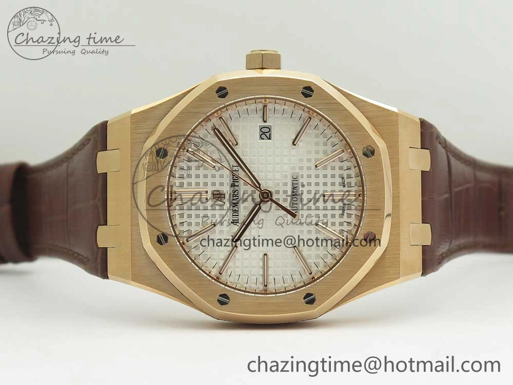 Royal Oak 41mm 15400 RG JF 1:1 Best Edition White Textured Dial on Brown Leather Strap A3120 V HighPerformance 4878