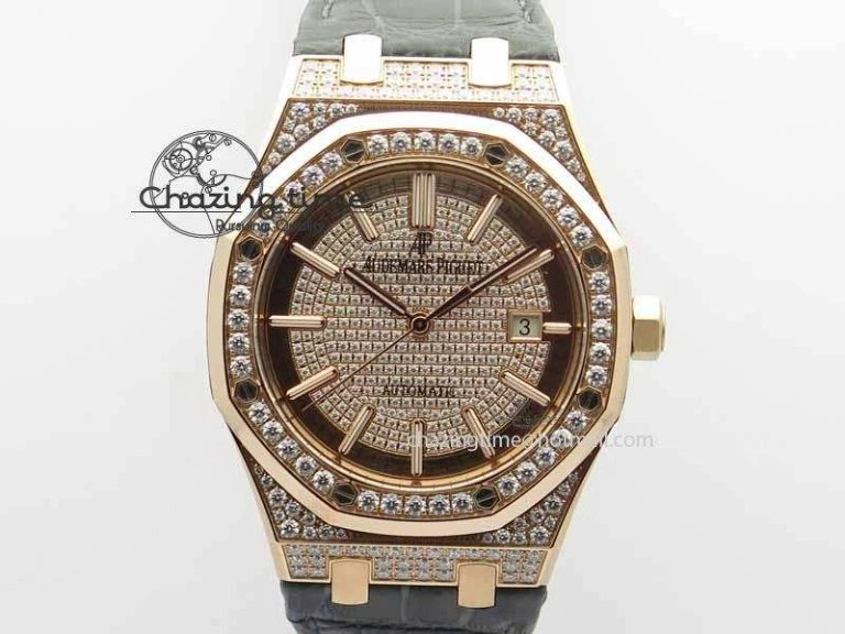 QuickDry Royal Oak 41mm 15402 RG Full Paved Diamonds JF 1:1 Best Edition Diamonds Dial On Leather Strap A 5003