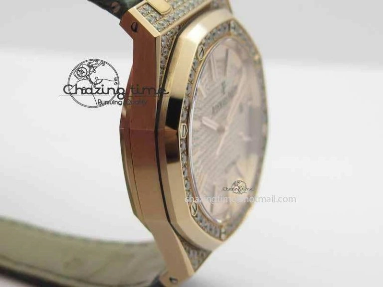 QuickDry Royal Oak 41mm 15402 RG Full Paved Diamonds JF 1:1 Best Edition Diamonds Dial On Leather Strap A 5003