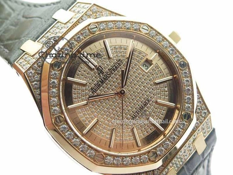 QuickDry Royal Oak 41mm 15402 RG Full Paved Diamonds JF 1:1 Best Edition Diamonds Dial On Leather Strap A 5003