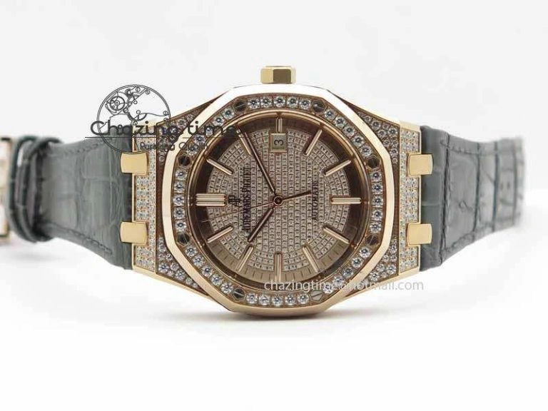QuickDry Royal Oak 41mm 15402 RG Full Paved Diamonds JF 1:1 Best Edition Diamonds Dial On Leather Strap A 5003
