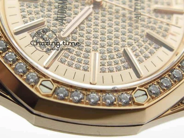 QuickDry Royal Oak 41mm 15402 RG Full Paved Diamonds JF 1:1 Best Edition Diamonds Dial On Leather Strap A 5003