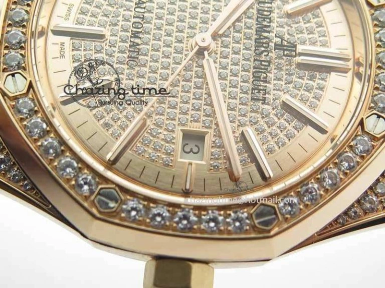 QuickDry Royal Oak 41mm 15402 RG Full Paved Diamonds JF 1:1 Best Edition Diamonds Dial On Leather Strap A 5003