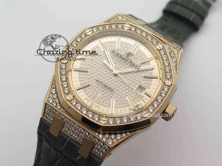 QuickDry Royal Oak 41mm 15402 RG Full Paved Diamonds JF 1:1 Best Edition Diamonds Dial On Leather Strap A 5003