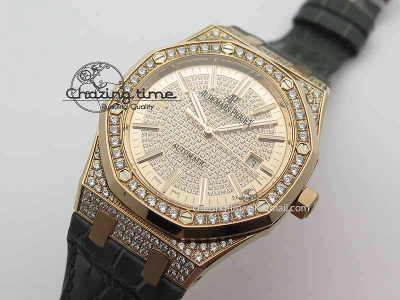 QuickDry Royal Oak 41mm 15402 RG Full Paved Diamonds JF 1:1 Best Edition Diamonds Dial On Leather Strap A 5003
