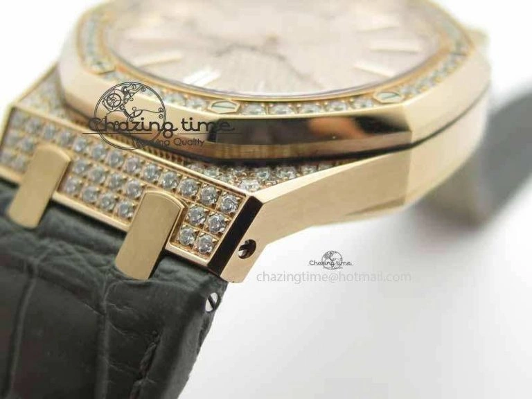 QuickDry Royal Oak 41mm 15402 RG Full Paved Diamonds JF 1:1 Best Edition Diamonds Dial On Leather Strap A 5003