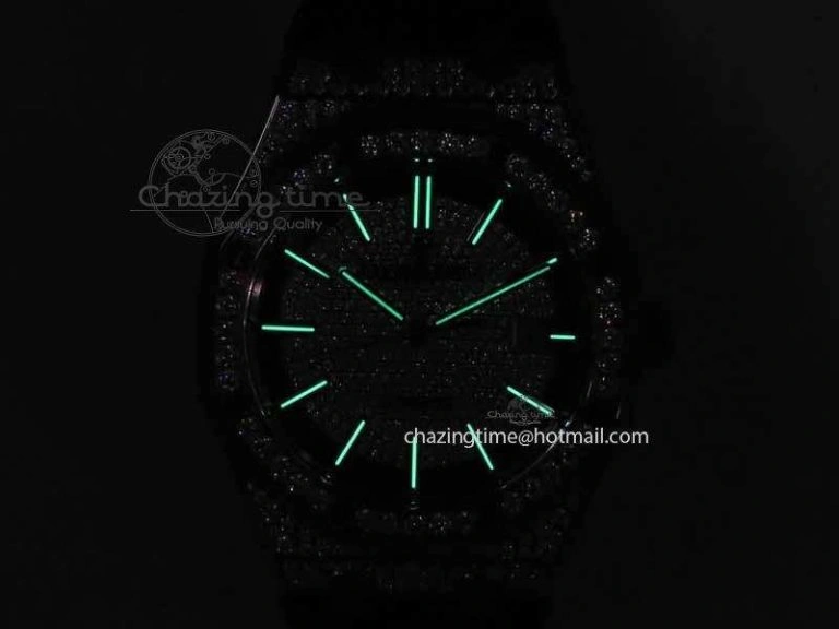QuickDry Royal Oak 41mm 15402 RG Full Paved Diamonds JF 1:1 Best Edition Diamonds Dial On Leather Strap A 5003