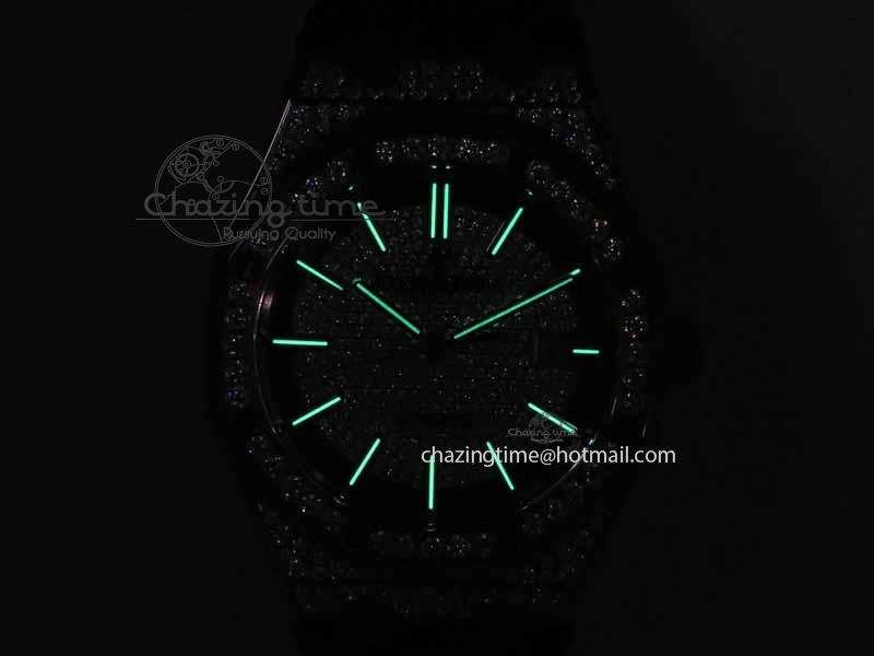 QuickDry Royal Oak 41mm 15402 RG Full Paved Diamonds JF 1:1 Best Edition Diamonds Dial On Leather Strap A 5003