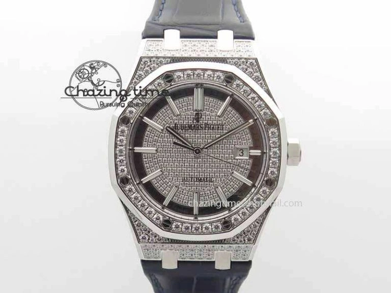 OdorResistant Royal Oak 41mm 15402 SS Full Paved Diamonds JF 1:1 Best Edition Diamonds Dial On Leather Strap A 5008