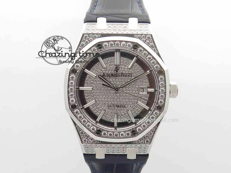 OdorResistant Royal Oak 41mm 15402 SS Full Paved Diamonds JF 1:1 Best Edition Diamonds Dial On Leather Strap A 5008