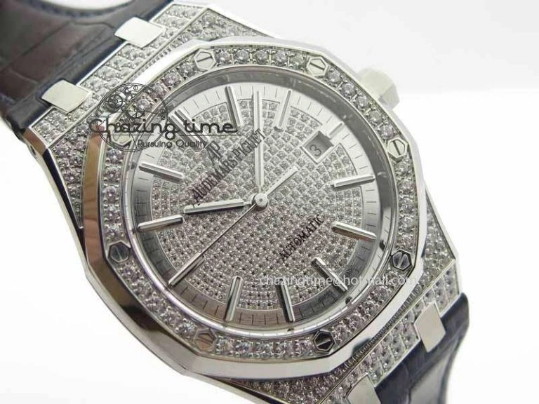 OdorResistant Royal Oak 41mm 15402 SS Full Paved Diamonds JF 1:1 Best Edition Diamonds Dial On Leather Strap A 5008