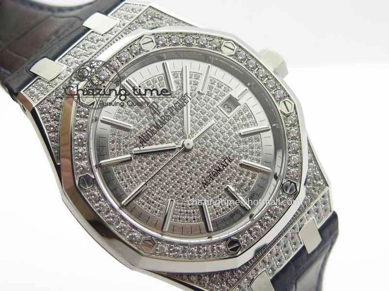 OdorResistant Royal Oak 41mm 15402 SS Full Paved Diamonds JF 1:1 Best Edition Diamonds Dial On Leather Strap A 5008
