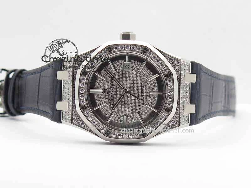 OdorResistant Royal Oak 41mm 15402 SS Full Paved Diamonds JF 1:1 Best Edition Diamonds Dial On Leather Strap A 5008