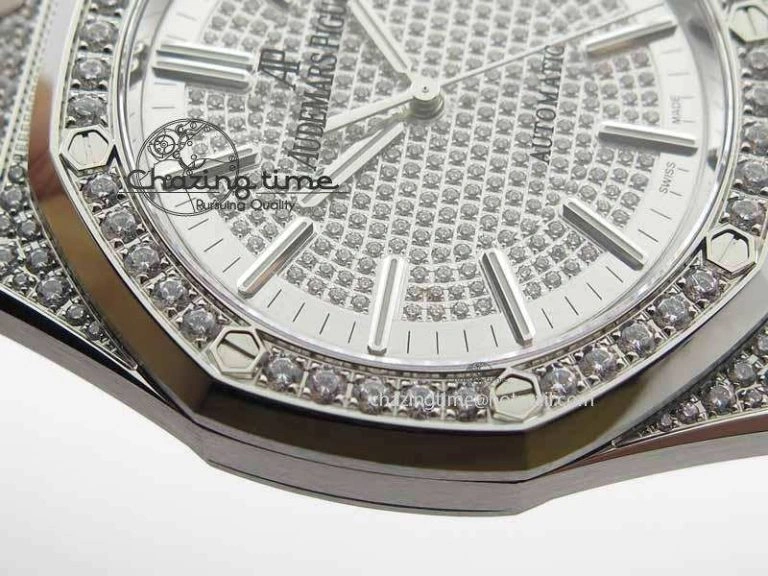 OdorResistant Royal Oak 41mm 15402 SS Full Paved Diamonds JF 1:1 Best Edition Diamonds Dial On Leather Strap A 5008