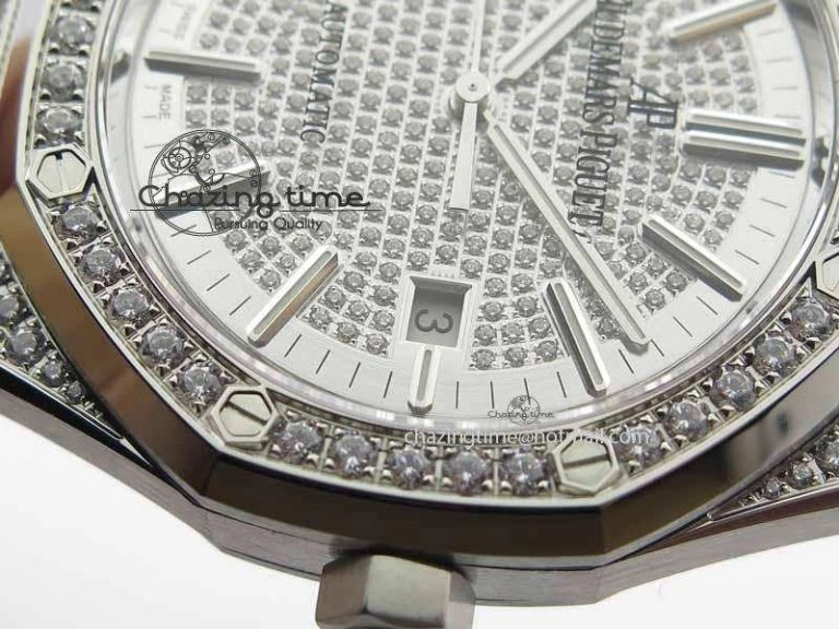 OdorResistant Royal Oak 41mm 15402 SS Full Paved Diamonds JF 1:1 Best Edition Diamonds Dial On Leather Strap A 5008