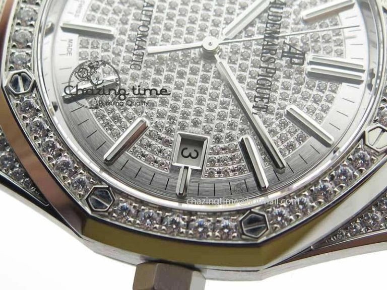 OdorResistant Royal Oak 41mm 15402 SS Full Paved Diamonds JF 1:1 Best Edition Diamonds Dial On Leather Strap A 5008