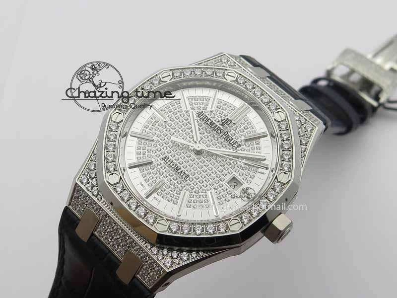 OdorResistant Royal Oak 41mm 15402 SS Full Paved Diamonds JF 1:1 Best Edition Diamonds Dial On Leather Strap A 5008