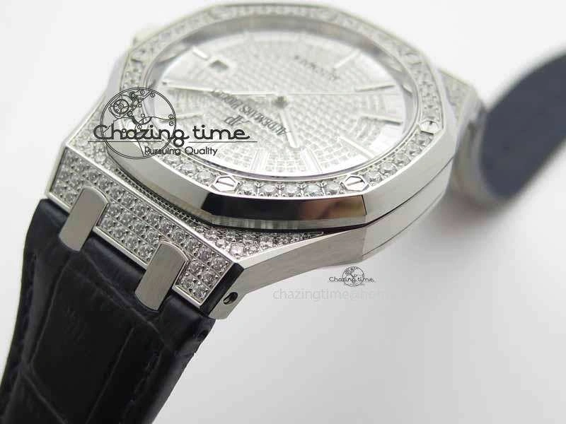 OdorResistant Royal Oak 41mm 15402 SS Full Paved Diamonds JF 1:1 Best Edition Diamonds Dial On Leather Strap A 5008