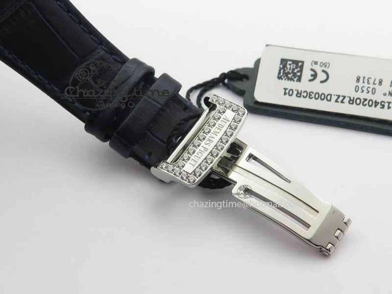 OdorResistant Royal Oak 41mm 15402 SS Full Paved Diamonds JF 1:1 Best Edition Diamonds Dial On Leather Strap A 5008